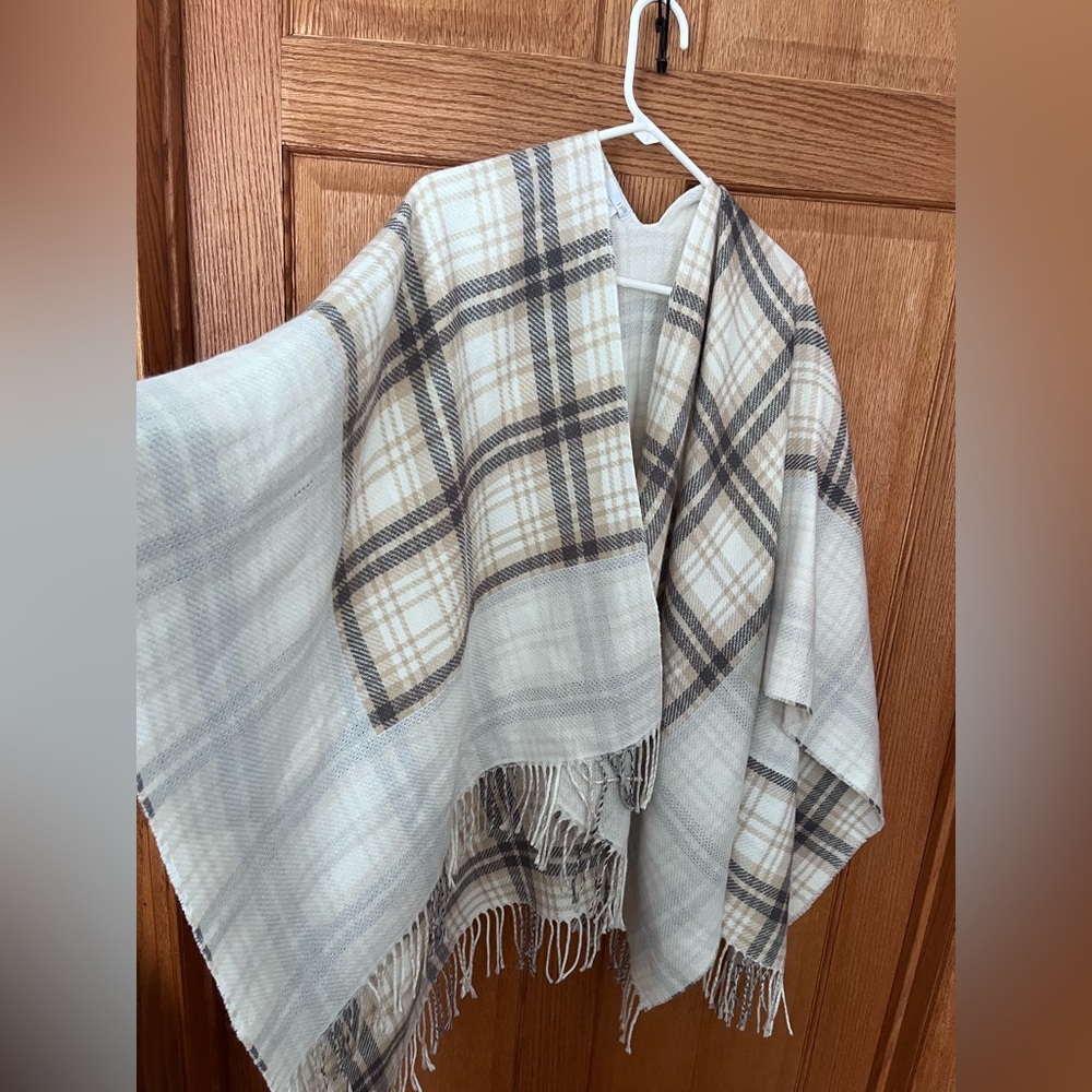 J. Jill Cream and Brown Plaid shawl with Fringe